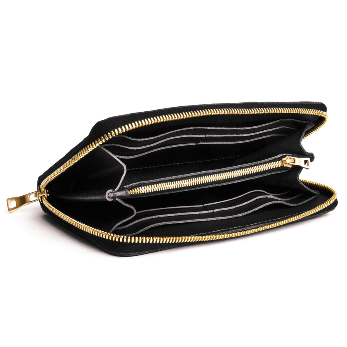 Black | Large accordion leather wallet with zipper open
