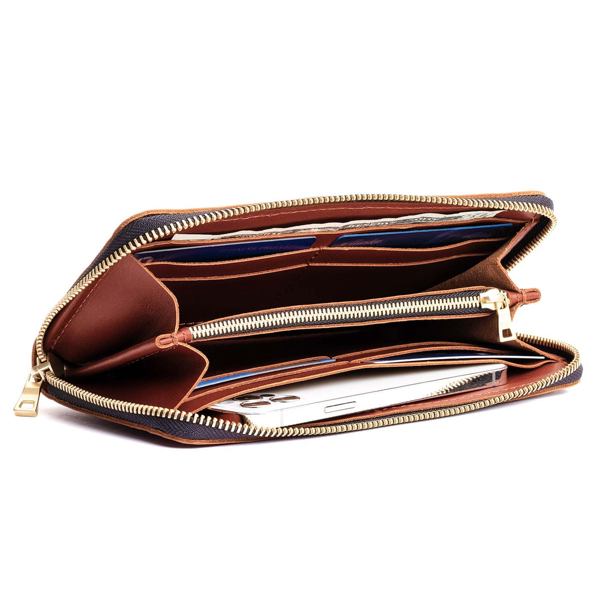 Chestnut | Large accordion leather wallet with zipper open