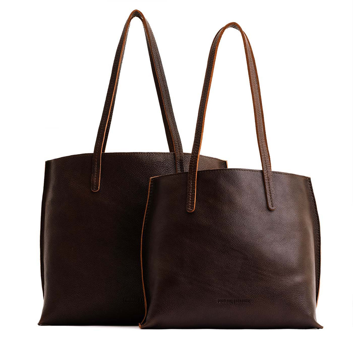 Coldbrew | Side by side comparison of both sizes of leather totes