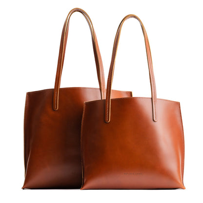 Madrone | Side by side comparison of both sizes of leather totes
