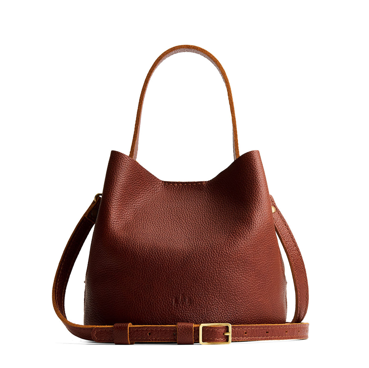Nutmeg*Small | Symmetrical bucket bag with handle, latch closure, and removable crossbody strap