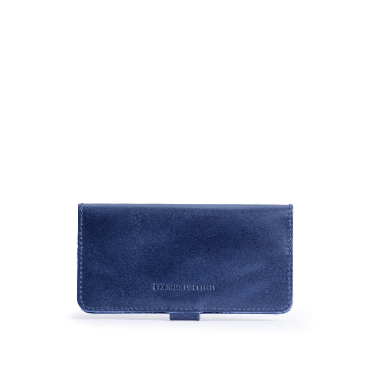 Cowboy Blue | Back of leather wallet with snap closed