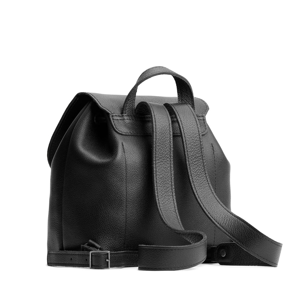 Pebbled--black | Back of drawstring bucket backpack with snap closure under flap