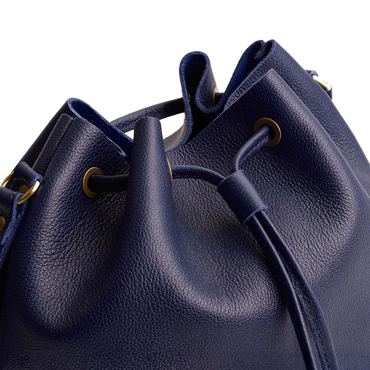 Cobalt | Close-up of slouchy crossbody bag with leather drawstring closure
