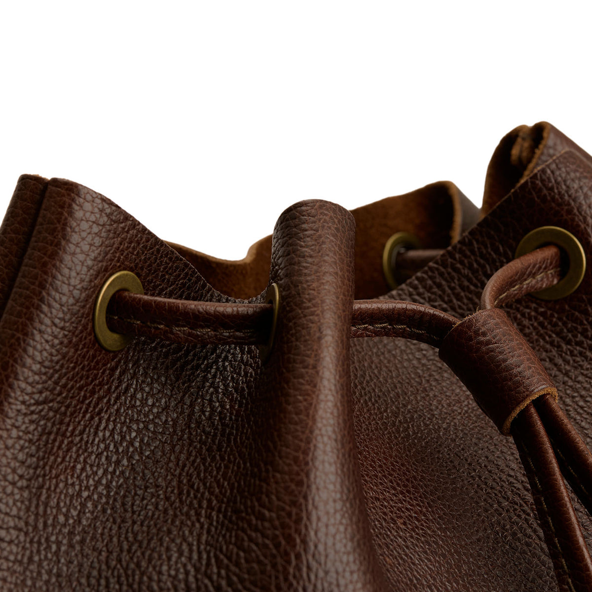 Coldbrew | Close-up of slouchy crossbody bag with leather drawstring closure