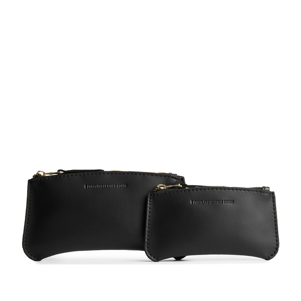Black | Large and Small pouches with a top zipper and unique curved bottom