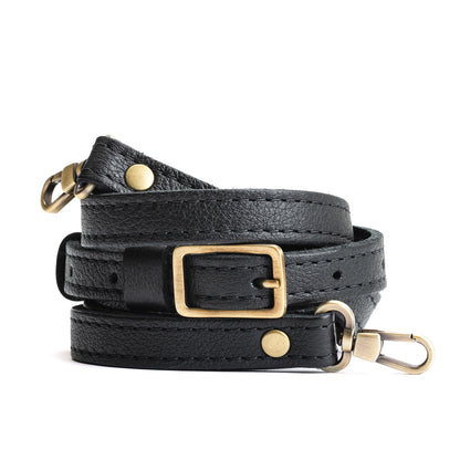 Pebbled--black | Leather crossbody strap with metal buckle and lever snap swivel clasps