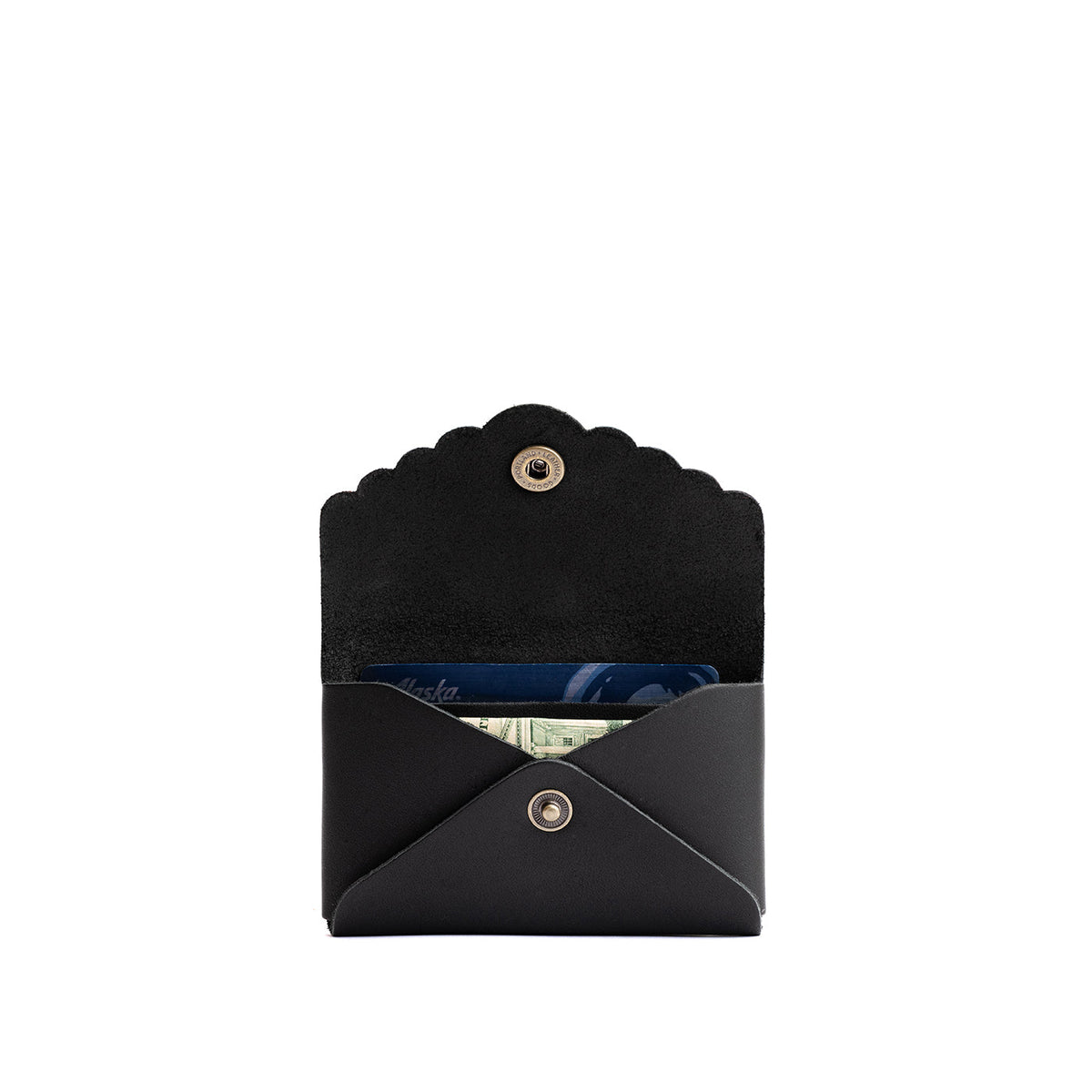 Black | Leather card wallet with scalloped edge open