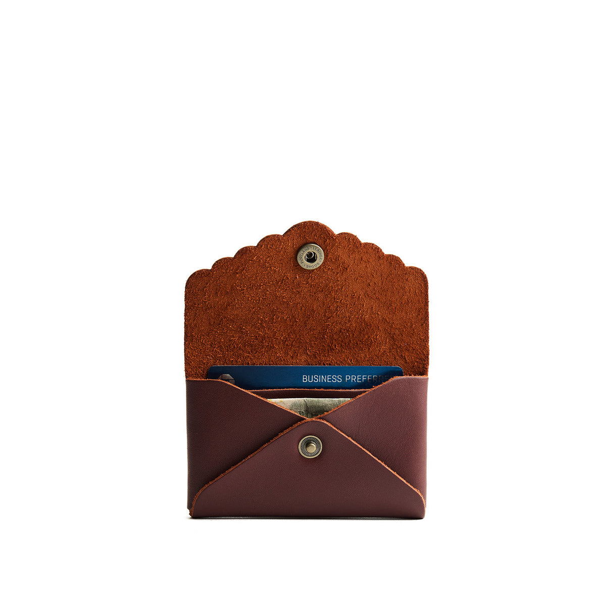Cognac | Leather card wallet with scalloped edge open