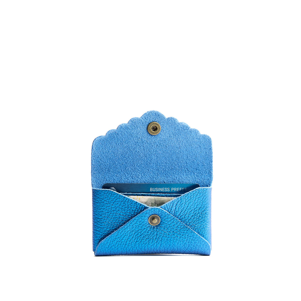 Comet Blue | Leather card wallet with scalloped edge open