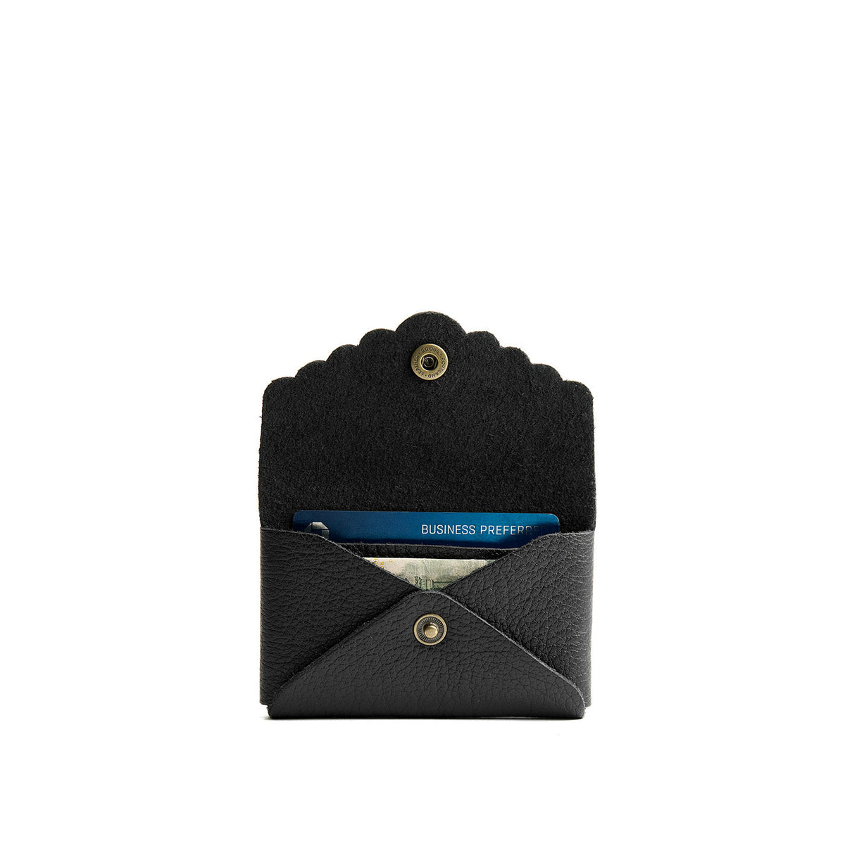 Pebbled--black | Leather card wallet with scalloped edge open