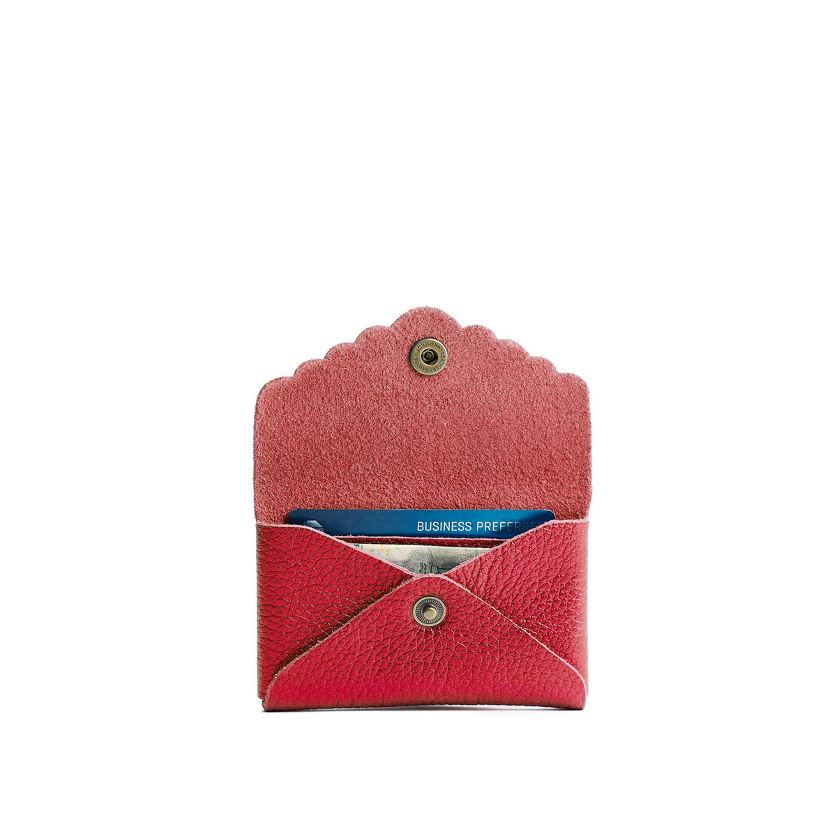 Reba Red | Leather card wallet with scalloped edge open