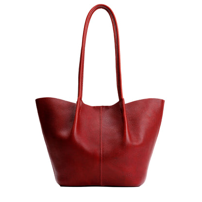 Chili Red*Large | Wide bucket shaped tote bag with matching leather handles