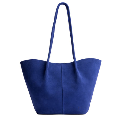 Joni Blue*Large | Wide bucket shaped tote bag with matching leather handles