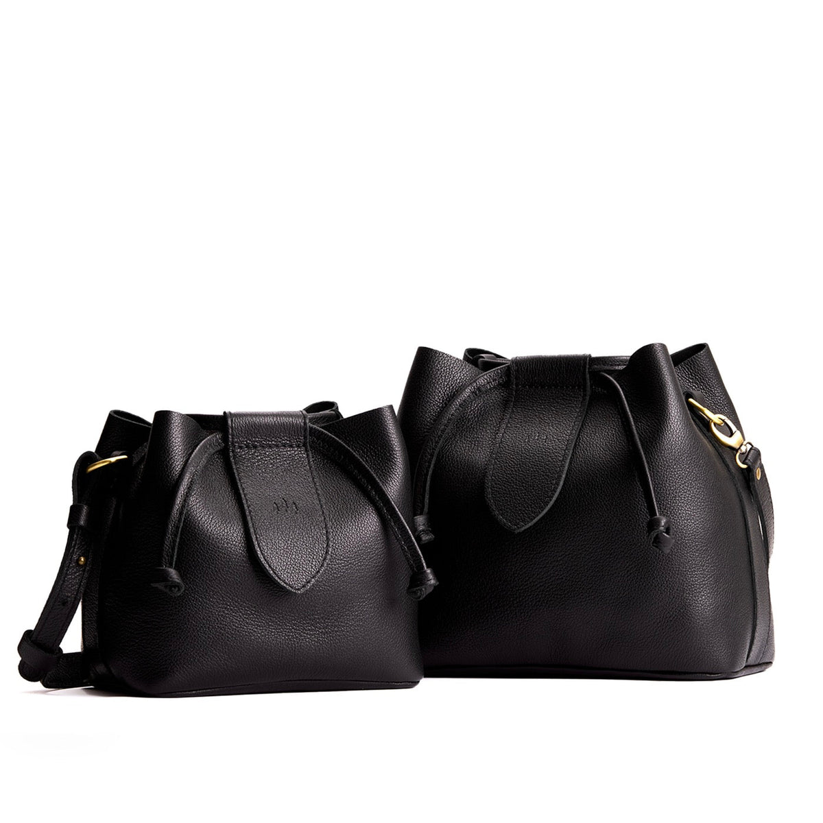 Pebbled--black | Small and large symmetrical leather bags with leather drawstring closure and adjustable shoulder strap