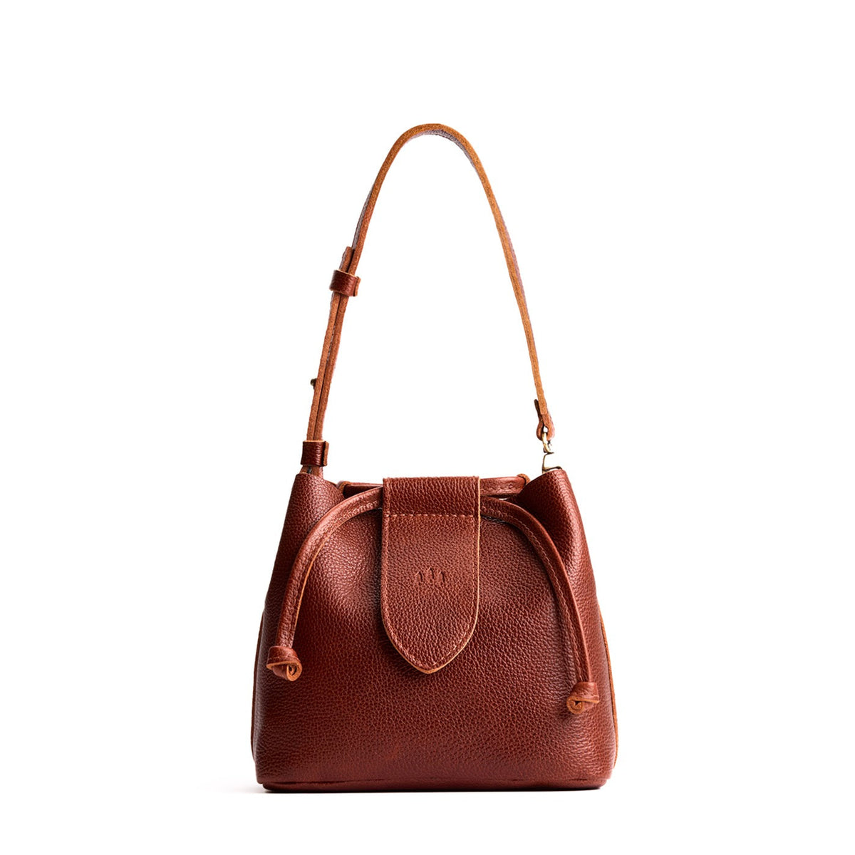 Nutmeg*Small | Symmetrical leather bag with leather drawstring closure and adjustable shoulder strap
