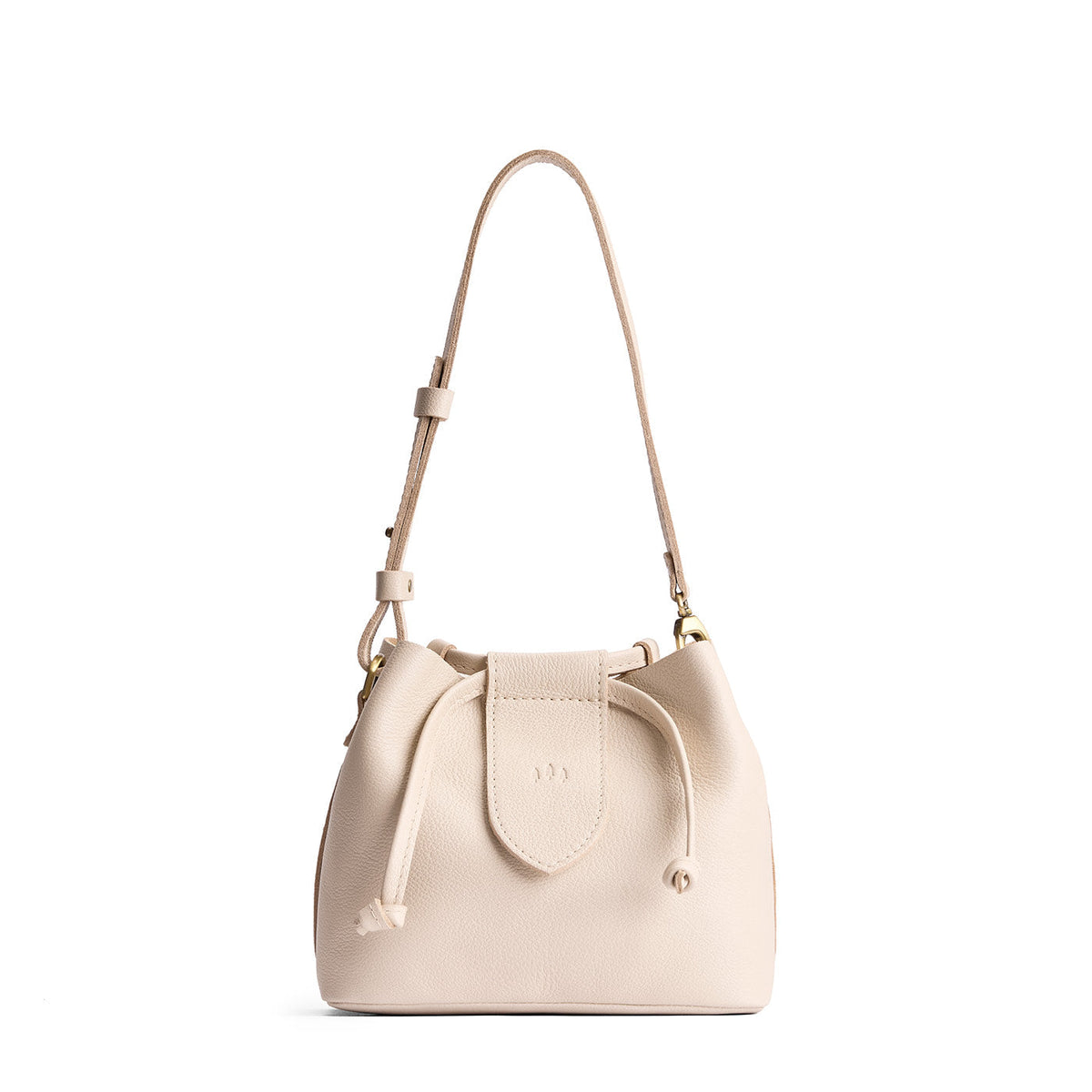 Pebbled Bone*Small | Symmetrical leather bag with leather drawstring closure and adjustable shoulder strap