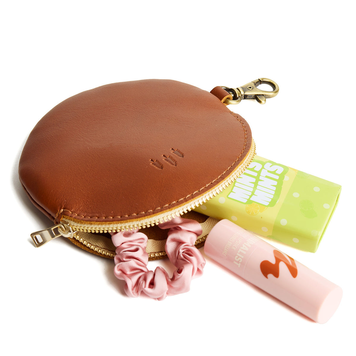 Honey | Leather flat round keychain pouch