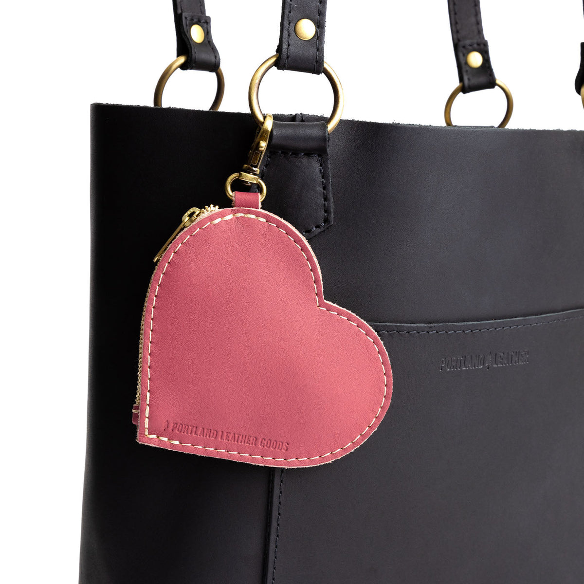 Begonia | Heart-shaped leather pouch keychain with zipper top and lobster clasp