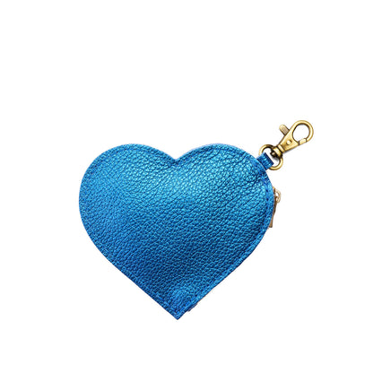 Comet Blue | Heart-shaped leather pouch keychain with zipper top and lobster clasp