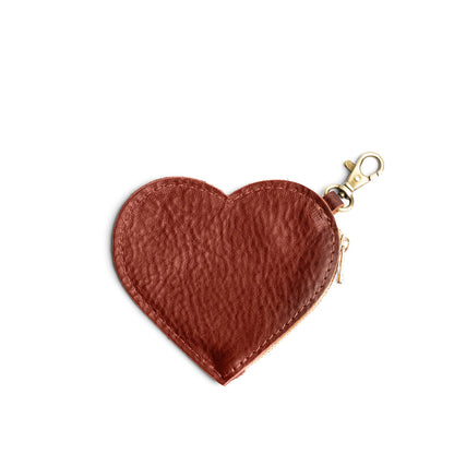 Nutmeg | Heart-shaped leather pouch keychain with zipper top and lobster clasp