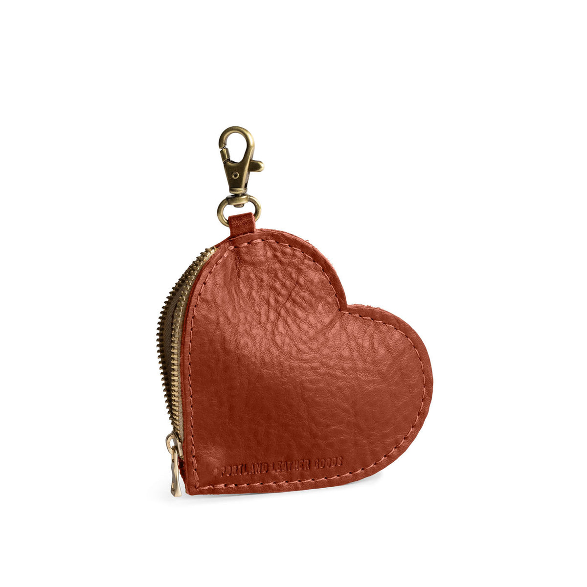 Nutmeg | Heart-shaped leather pouch keychain with zipper top and lobster clasp