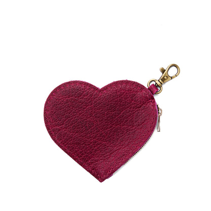 Orchid | Heart-shaped leather pouch keychain with zipper top and lobster clasp