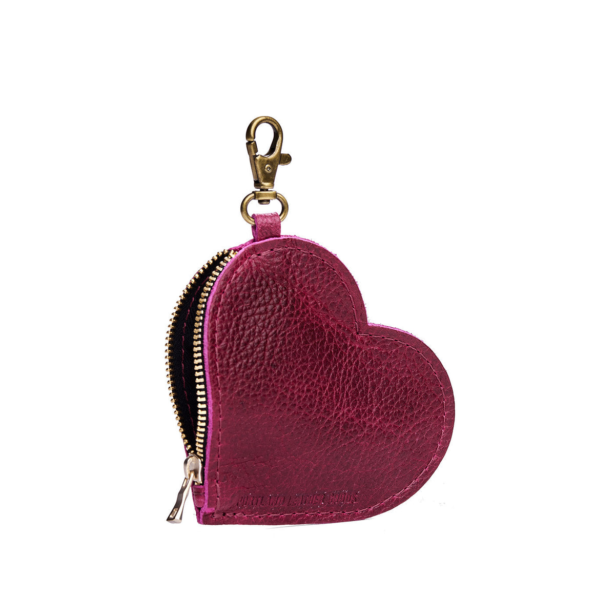Orchid | Heart-shaped leather pouch keychain with zipper top and lobster clasp