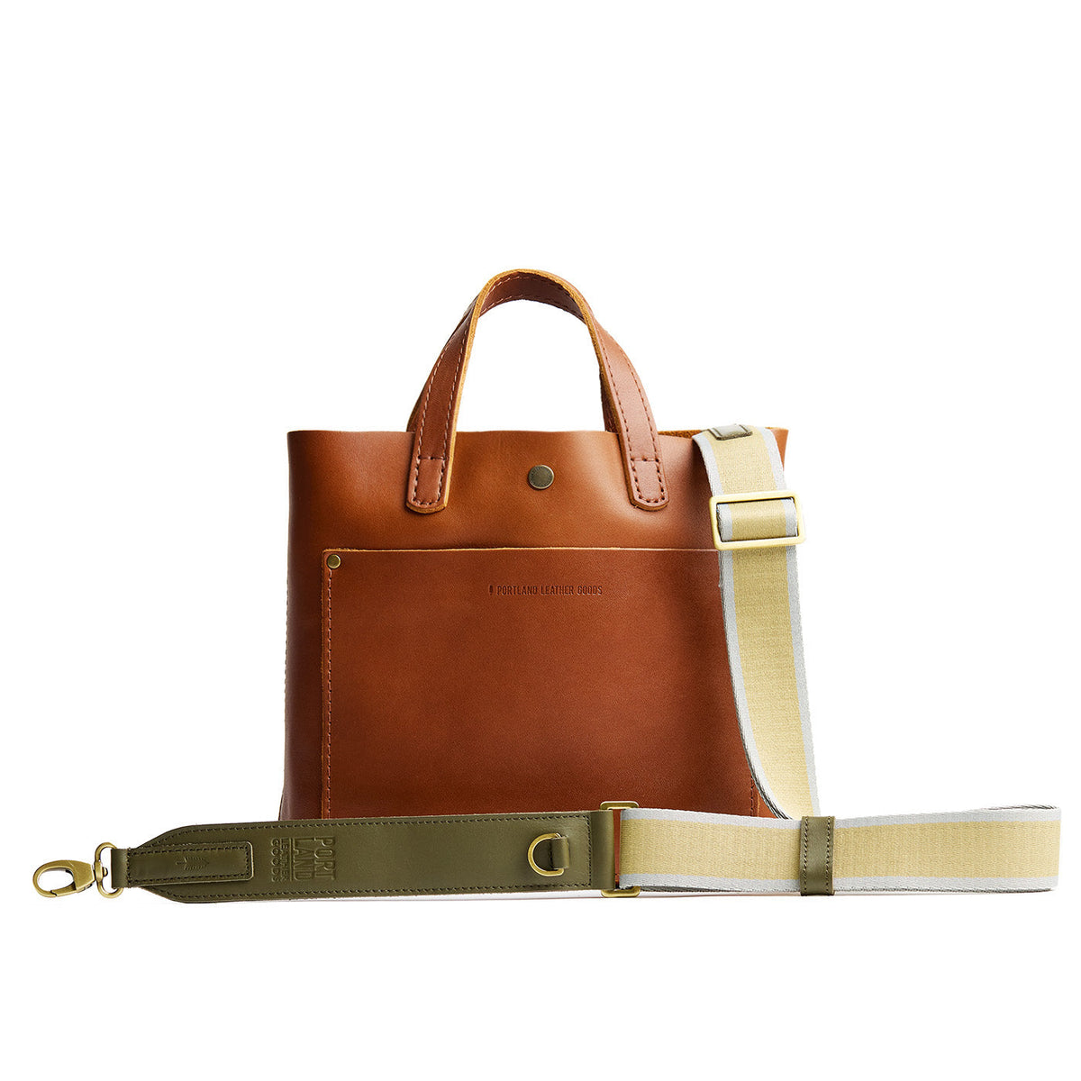 Aqua Lime | Adjustable fabric and leather strap on a leather tote bag