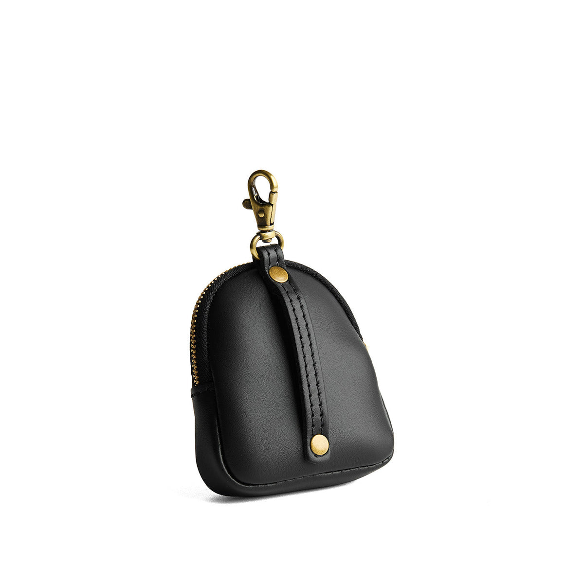 Black | Leather keychain pouch with zipper top, swivel lobster clasp, and debossed emblem of three PLG trees