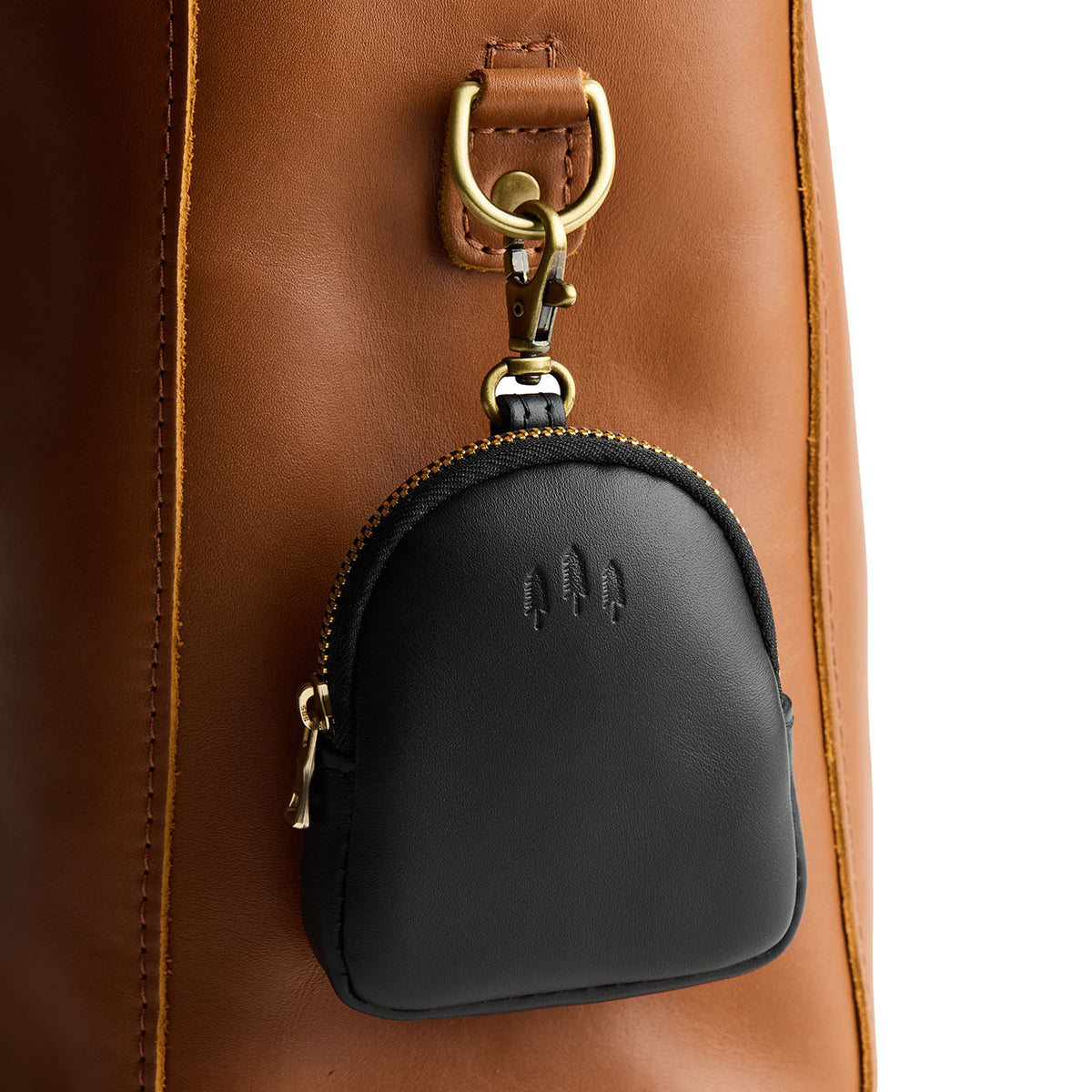 Black | Leather keychain pouch with zipper top, swivel lobster clasp, and debossed emblem of three PLG trees