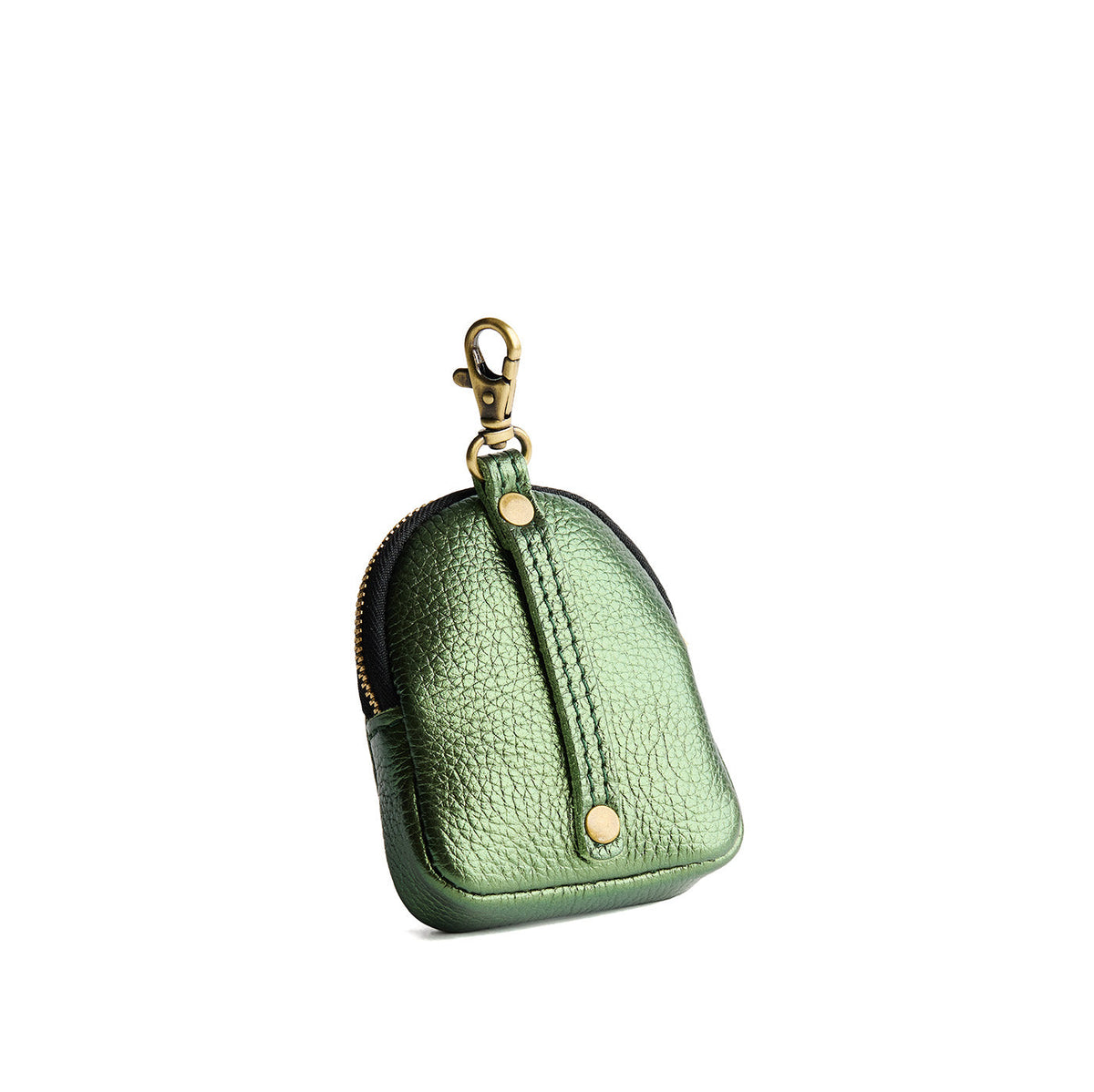 Metallic Greench | Leather keychain pouch with zipper top, swivel lobster clasp, and debossed emblem of three PLG trees