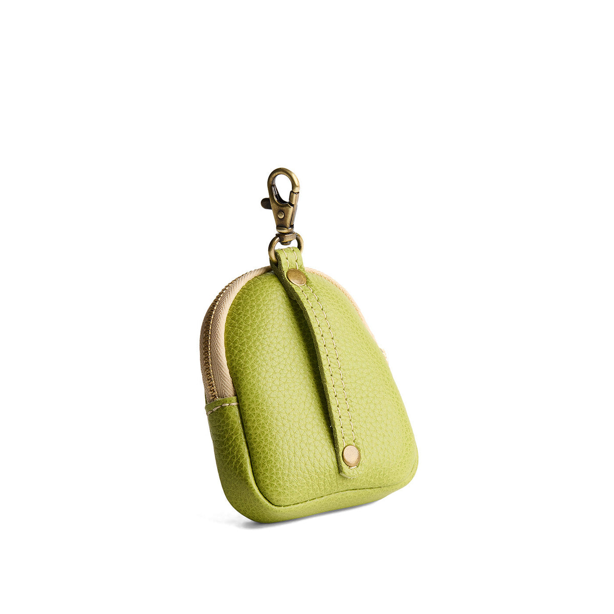 Wasabi | Leather keychain pouch with zipper top, swivel lobster clasp, and debossed emblem of three PLG trees