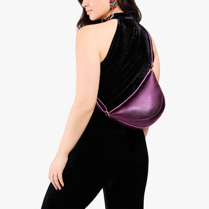 Ultra Violet*Medium | Model wearing half circle shaped sling bag