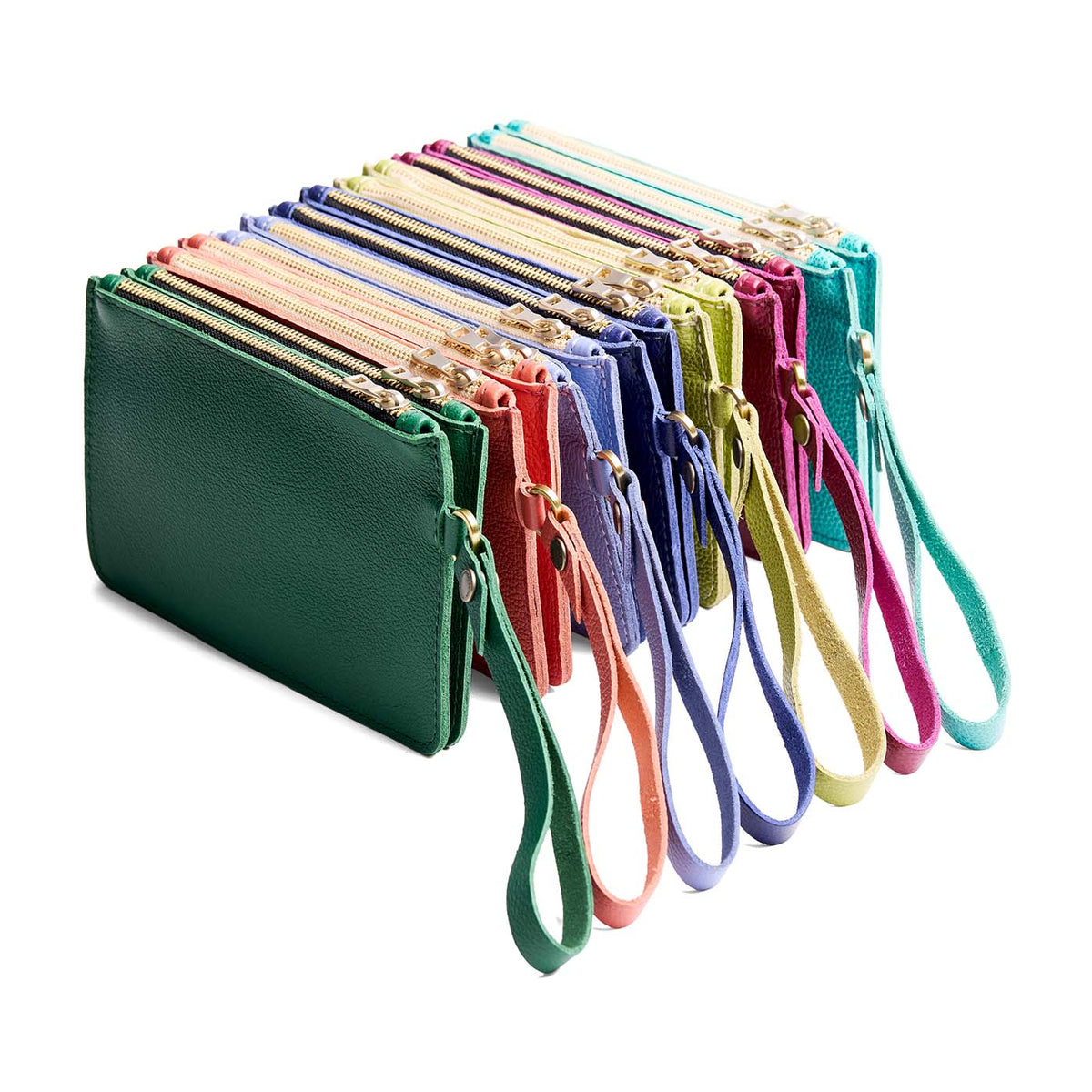All Variants | Group of leather wristlets with two zippered pockets and removable wrist strap