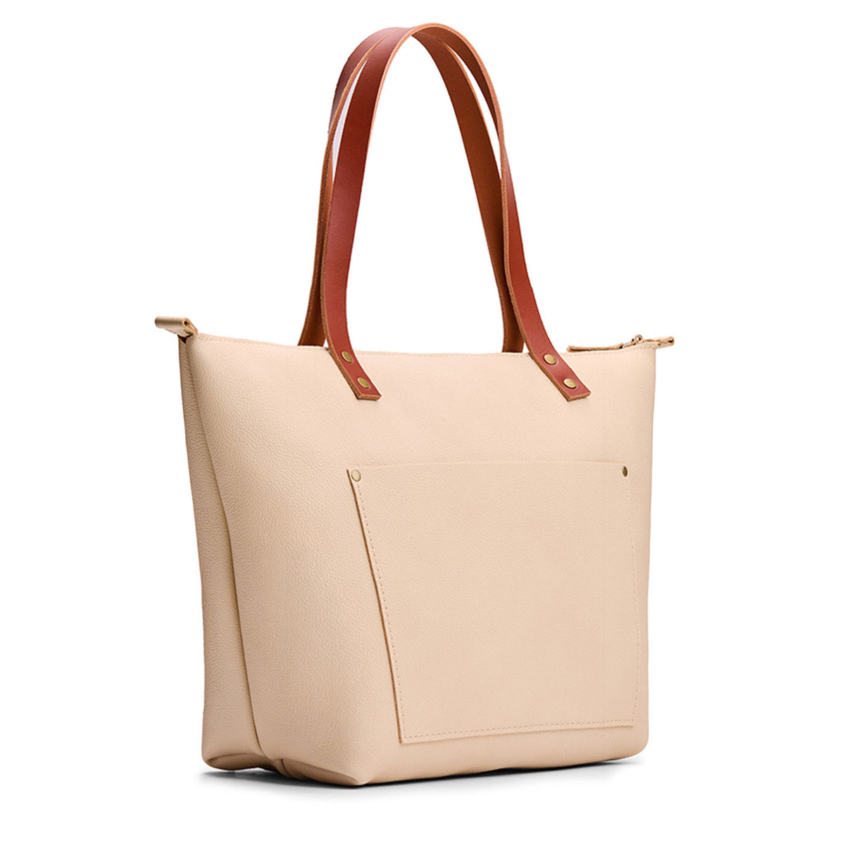 Pebbled Bone*Zipper | Large leather tote bag with sturdy bridle handles and front pocket