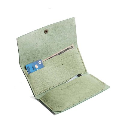 Pistachio | Leather wallet with snap closure open