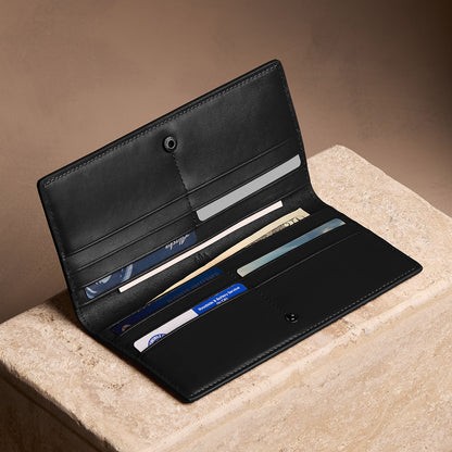 Onyx*Large | Slim leather bifold wallet with multiple card slots and a zippered back pocket