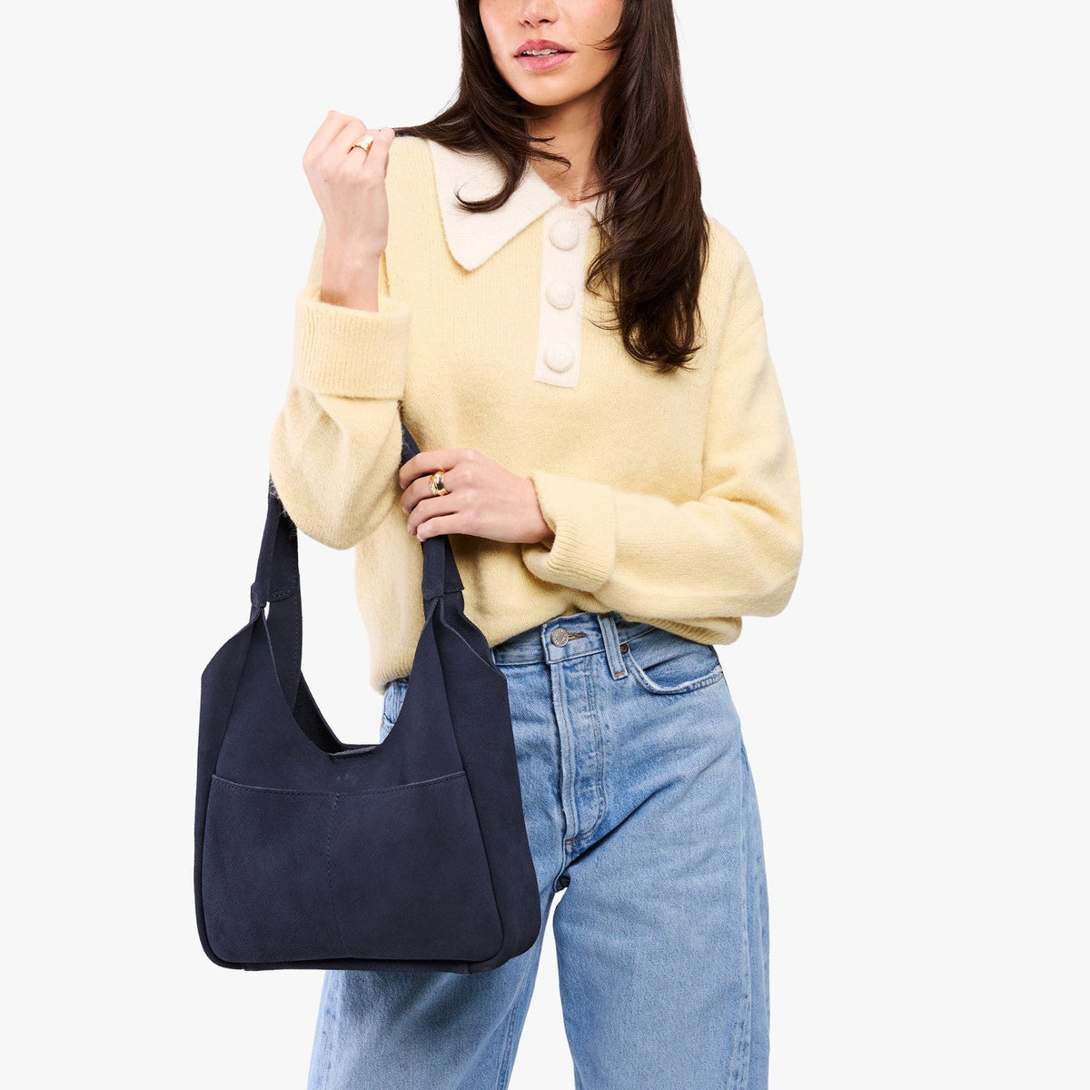 Alaska Blue*Large | U-shaped, flat-bottomed leather shoulder bag with two outside pockets