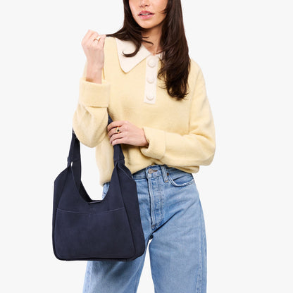 Alaska Blue*Large | U-shaped, flat-bottomed leather shoulder bag with two outside pockets