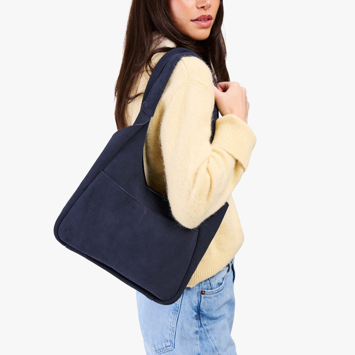 Alaska Blue*Large | U-shaped, flat-bottomed leather shoulder bag with two outside pockets