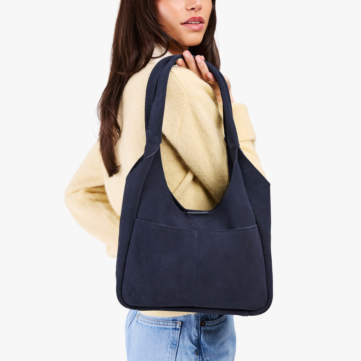 Alaska Blue*Large | U-shaped, flat-bottomed leather shoulder bag with two outside pockets