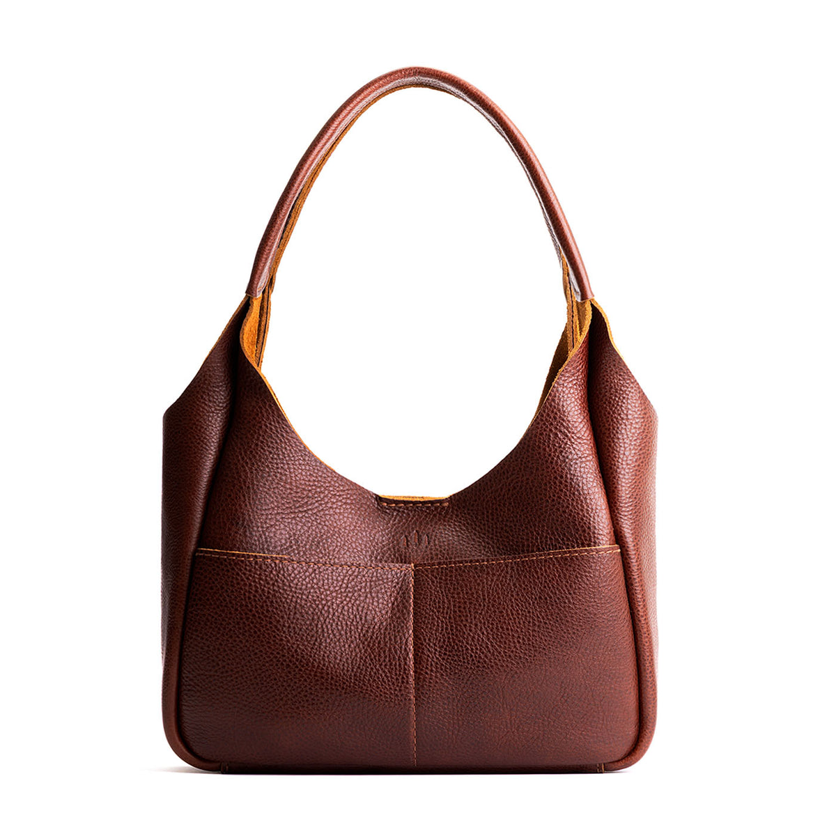 Nutmeg*Medium | U-shaped, flat-bottomed leather shoulder bag with two outside pockets