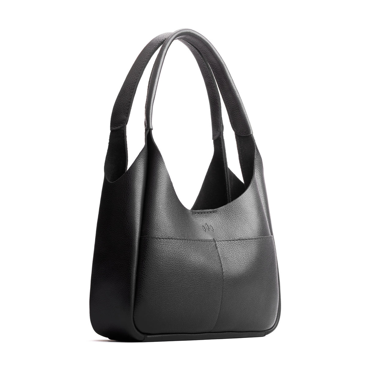 Pebbled--Black*Medium | U-shaped, flat-bottomed leather shoulder bag with two outside pockets