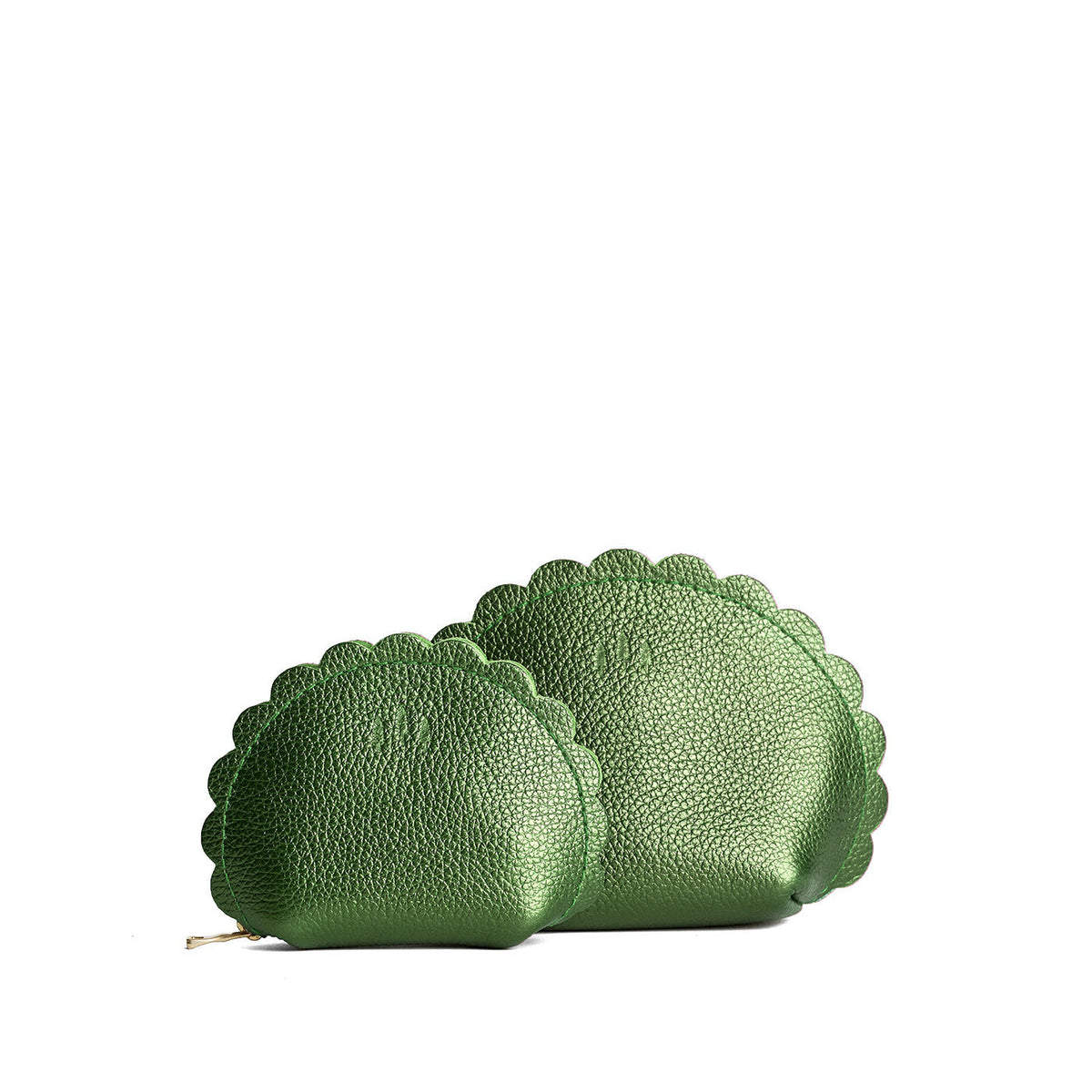 Metallic Greench | Curved leather pouch with zipper and scalloped edges