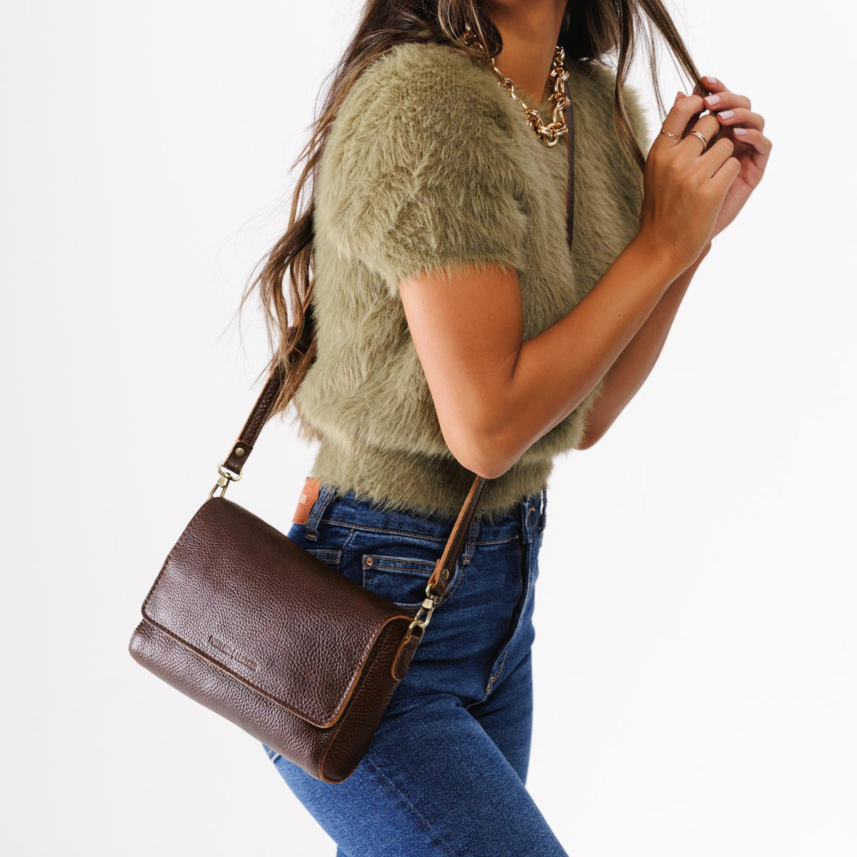 Coldbrew*Medium | Model wearing leather Crossbody Bag with Magnetic Messenger Bag Closure