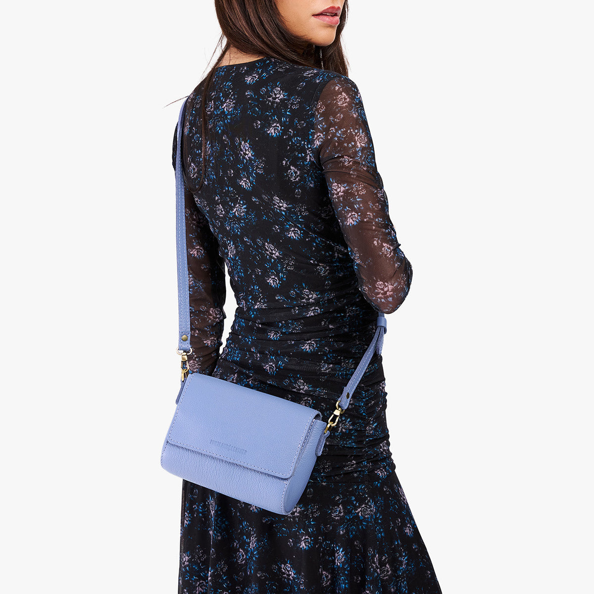 Aster*Mini | Model Wearing Small Leather Crossbody Bag with Magnetic Messenger Bag Closure