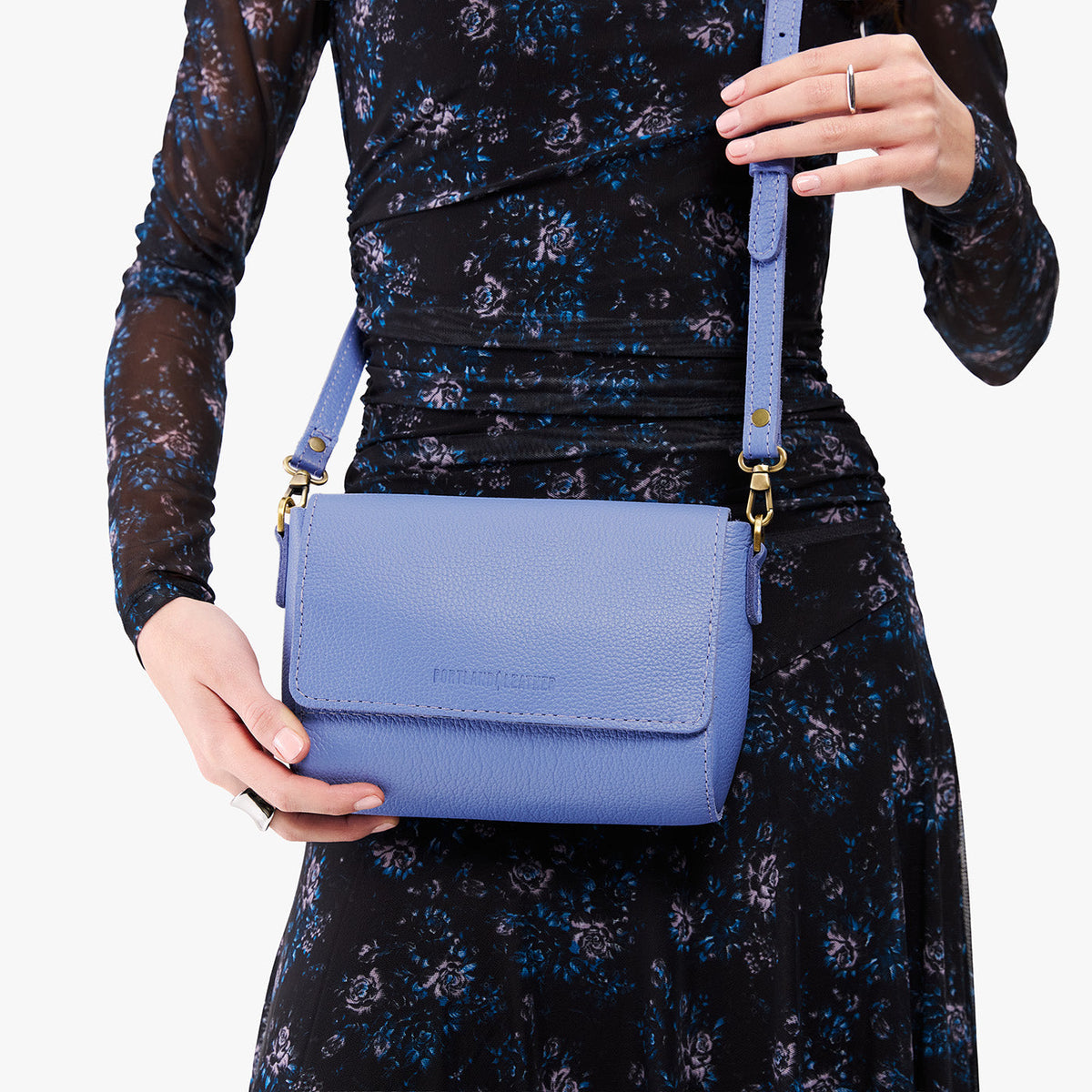 Aster*Mini | Model Wearing Small Leather Crossbody Bag with Magnetic Messenger Bag Closure