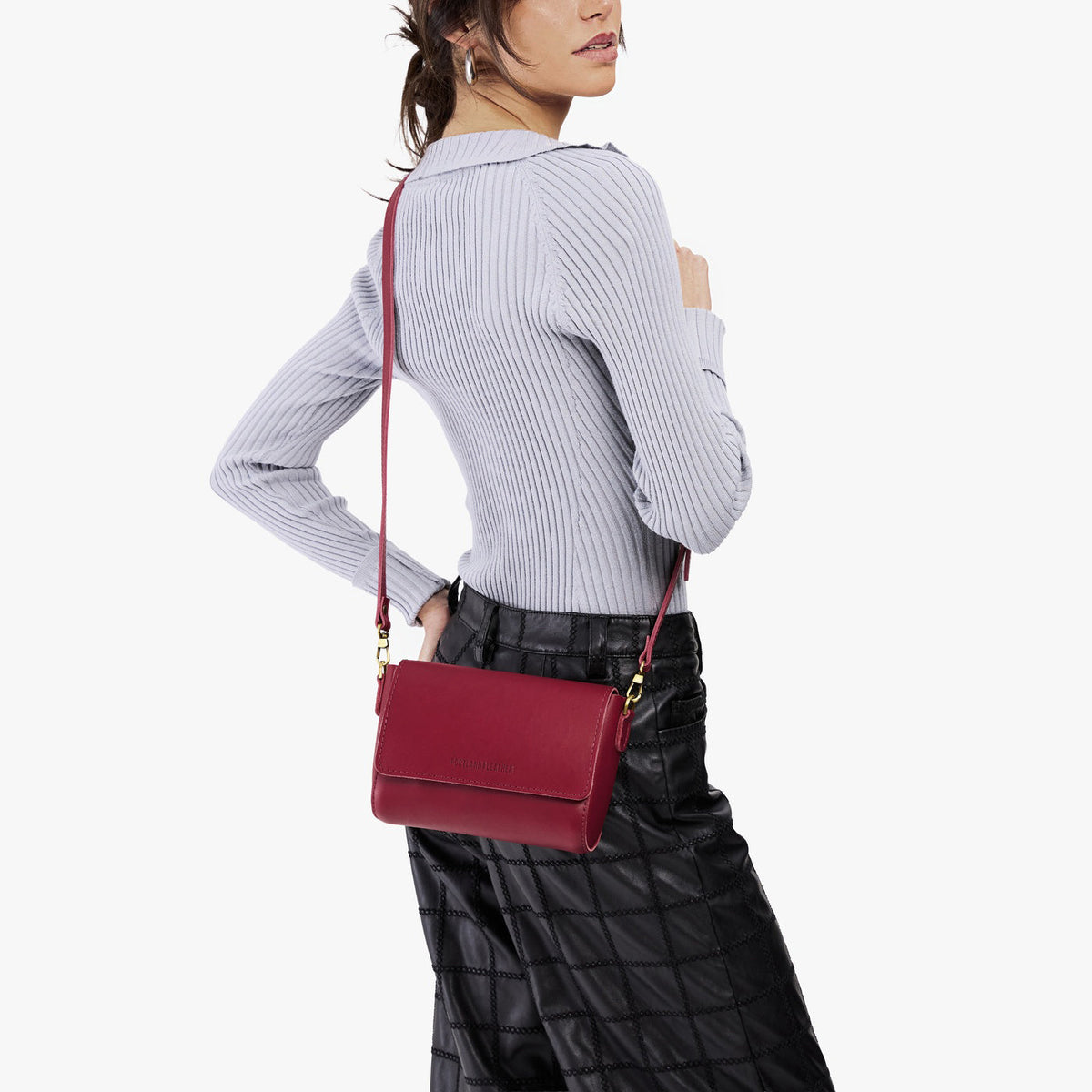 Berry Good*Mini | Model Wearing Small Leather Crossbody Bag with Magnetic Messenger Bag Closure