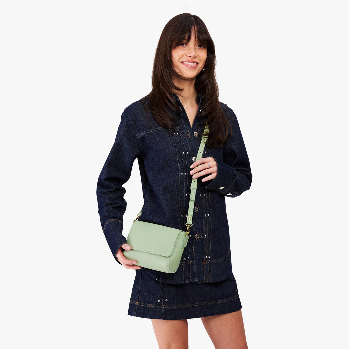 Pistachio*Mini | Model Wearing Small Leather Crossbody Bag with Magnetic Messenger Bag Closure